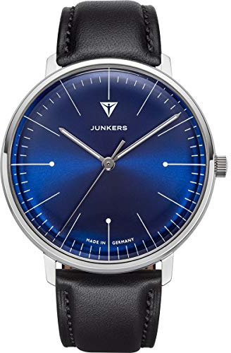 Junkers Bauhaus 40mm Analog Quarz Herrenuhr Lederarmband blau 9.08.01.01