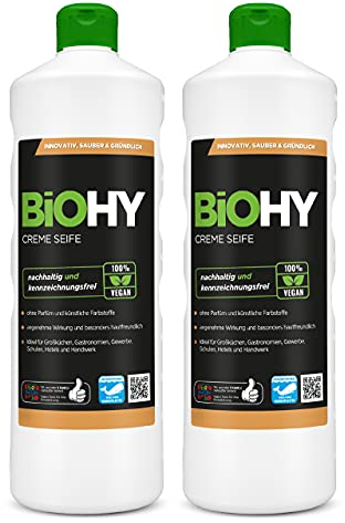 BiOHY Creme Seife (2 x 1 liter) | Hautschonende, rückfettende & geruchsneutrale Handseife | flüssiger Nachfüllpack mit pflanzlichen Inhaltsstoffen | auch für das Gesicht geeignet
