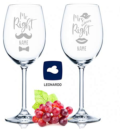 GRAVURZEILE Leonardo Weingläser mit Gravur - Mr Right & Mrs Always Right im Set - Personalisiert mit Namen - Geschenk zur Hochzeit, Verlobung & Jahrestag - ein perfektes Hochzeitsgeschenk