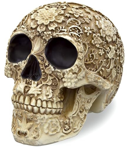 READAEER Lebensgroße Skelett-Nachbildung realistischer menschlicher Schädelkopf Knochenmodell (Blumen)