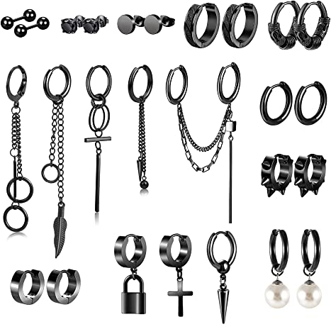Schwarzes Ohrring-Set für Herren, Edelstahl-Ohrringe, 46 Stück, mehrfarbige schwarze Ohrstecker und Ohrhänger, lange Kette, Piercing-/Creolen-Set für Herren, Edelstahl