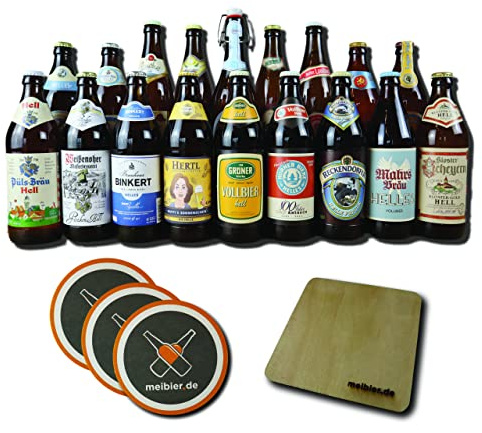 meibier© Helle Biere - Bier Box aus Franken, 18x0,5 Liter fränkisches Bier + Holz Untersetzer + 3x Bierfilz, tolles Bier Geschenk, Bierbox, Bierpaket