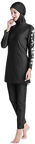 Burkini Damen Muslim Lang Große Größen Muslimische Badeanzug Bademode Islamische Arabische Jilbab Langarm UV Shirt+Badehose+Badekappe Hijab Kopftuch Khimar 3tlg Schwimmanzug Schwarz Blumendruck L