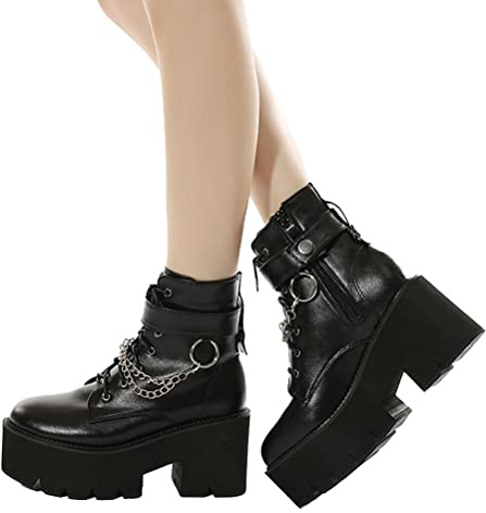 ticticlily Stivaletti Donna Punta Rotonda Stivali Tacco Grosso Stivali con Piattaforma Moda Stivali da Cavaliere Goth Punk Scarpe da Festa Stivali da Motociclista