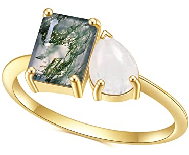 Gem's Beauty Milchblauer Mondstein Grüner Moosachat Roségold Sterlingsilber Toi et Moi Ring Damen Goldene Ringe Moosachat Schmuck Verlobungsringe Damen Geschenke (Größe 7)