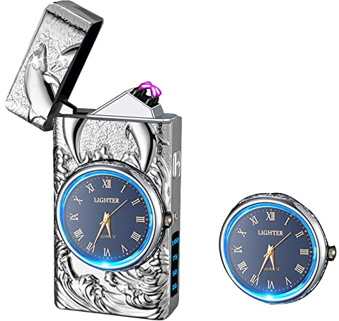RSBYE Elektrisches Feuerzeug, Dual-Arc Plasma-Feuerzeug, cooles Feuerzeug mit Uhr und Taschenlampe, einzigartiges Geschenk für Männer und Frauen (Silber)