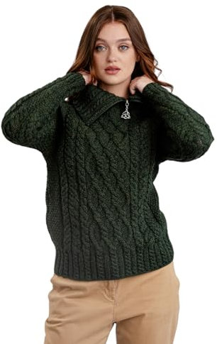 SAOL 100% Merinowolle Aran Fisherman Celtic Pullover mit halbem Reißverschluss für Damen Armeegrün