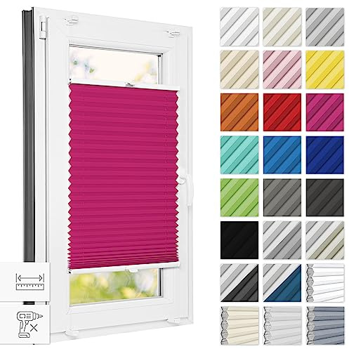 Estika Plissee ohne Bohren 80 cm x 200 cm - Himbeere - Bruchfeste Klemmhalter, Plissee Klemmfix, Rollos für Fenster ohne Bohren, Jalousien Fenster für innen, Raffrollo, Fensterplissee