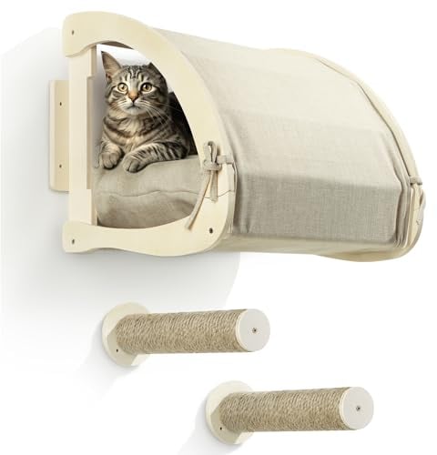 Navaris Lit pour Chat Mural avec Marches - Coussins Amovibles et Cachette en Lin - Meubles Muraux pour Félin