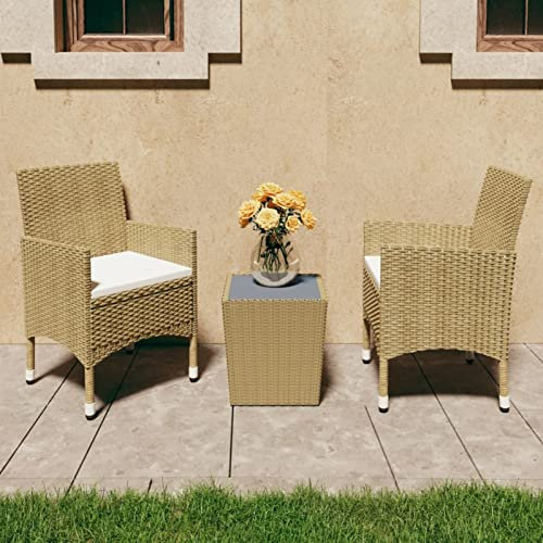 Homgoday 3-TLG. Bistroset Gartenmöbel Set Stühle und Tisch Sitzgruppe Essgruppe Gartengarnitur Balkonset Garnitur für Garten Terrasse Hof und Balkon Poly Rattan und Hartglas Beige
