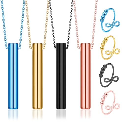 DGUSO Collier Anapana de Respiration 4pcs et Anneau d'Anxiété 4pcs Soulagement du Stress Exercice de Respiration Consciente Dispositif de Soulagement de L'anxiété pour la Méditation, la Relaxation