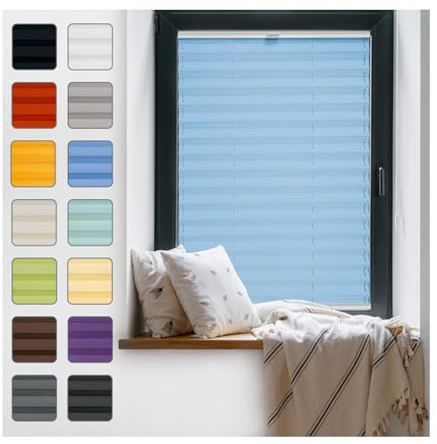 Fenster Plissee ohne Bohren zum Kleben Innenrahmen - Thermo Plisseerollo Innen - Rollo Jalousie, Halterungen auf Rahmen, Faltrollo, Sichtschutz, Blickdicht, für Fenster & Tür - Lichtblau, 100 x 110 cm