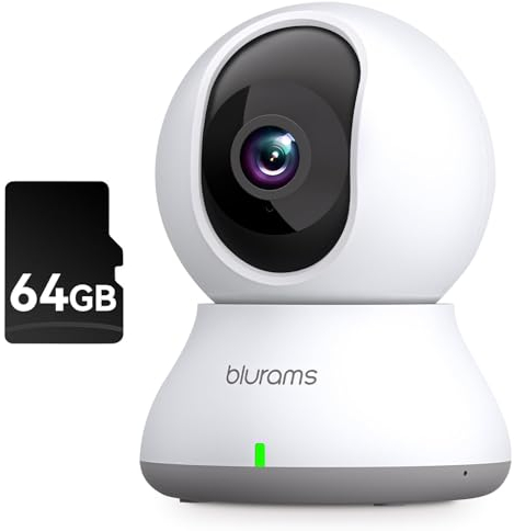 blurams Telecamera Wi-Fi Interno+64G Scheda,2K Videocamera Sorveglianza,Rotazione a 360°,Visione Notturna, Tracciamento del Movimento,Audio Bidirezionale Compatibile con Alexa&Google Assistant&IFTTT
