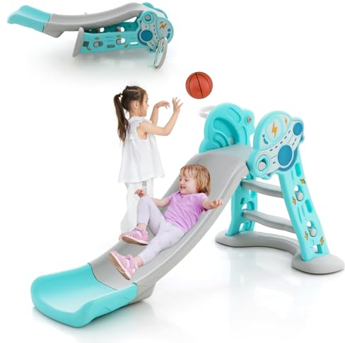 HOMASIS 3 en 1 Toboggan Exterieur Enfant,Aire de Jeux Amusant avec échelle et Panier de Basket,Toboggan Autoportant Pliable pour Enfants et Bébé 1 an + Intérieure et Extérieure