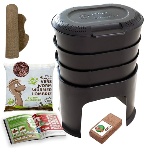 Moutta | Magic Worm Noir | Lombricomposteur de Cuisine 3 Plateaux | 250gr de vers de Compost | Kit Complet