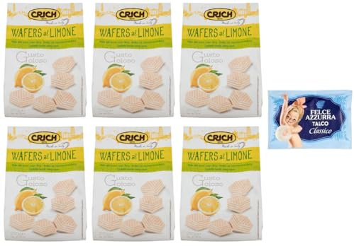 6x Crich Wafer con Crema al Limone, Waffle Wafers, Snack Dolci Busta da 250g + 1 Confezione di Talco Felce Azzurra in omaggio, Busta da 100g