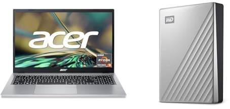 Acer Aspire 3 Laptop | 15.6 FHD Display | AMD Ryzen 5 7520U | 16GB RAM | 512GB SSD Silver & WD My Passport Ultra Externe Festplatte 4 TB mobiler Speicher