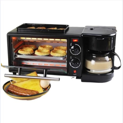 3-in-1 Breakfast Station with Timer,Toaster with Frying Pan, Portable Oven Breakfast Maker with Coffee Machine, 9l Multifunctional Breakfast Machine,Non-stick Frypan and 2-Slice Toaster,110V