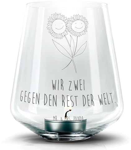 Mr. & Mrs. Panda Gravur Windlicht Blume Sonnenblume - Geschenk, Teelicht Glas mit Gravur, Freundin, Sommer Deko, Kerzenglas, Garten, zusammen,