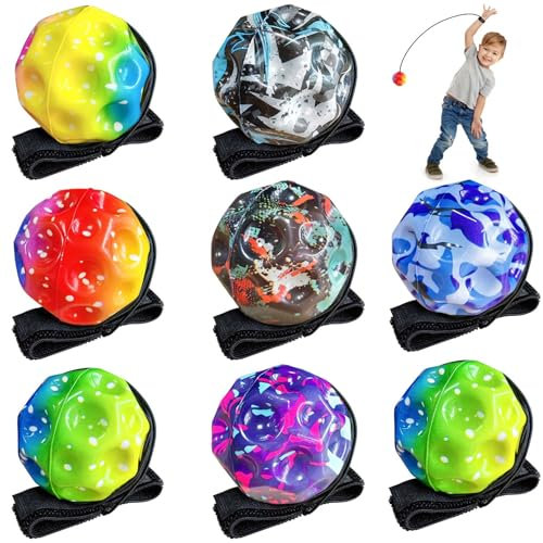 HahaGo Jumper Ball mit Schnur, 8 Stück Jump Ball mit Bandagierung, 6cm Moon Ball, Antistressball Springball, Hohe Springender Gummiball für Kinder Geeignet für Innen und Außen, Zufällige Farben