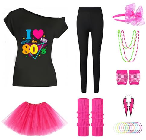 shengo 80s Fancy Dress for Women 1980s Costumes, 80s Print T-shirt, Tutu Skirt, Leg Warmers, Necklace, Fishnet Gloves, Earrings, Neon Accessories 1980s Party Costume for Retro Theme Party(Pink, XL)