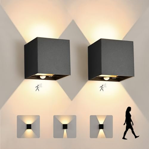 YindaLux LED Wandlampe Innen/Aussen 12W IP65 Außenleuchte mit Bewegungsmelder, 3000K Außenlampe mit Touch-steuerung, Up Down Außenlampe mit Einstellbarer Lichtstrahl für Schlafzimmer, 2 Stück
