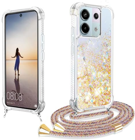 Handykette für Xiaomi Redmi Note 13 Pro 5G Hülle mit Band,Glitzer Treibsand Silikon Stoßfest Redmi Note 13 Pro Handyhülle mit Kette Transparent TPU Schutzhülle Quicksand Schutzhülle Kameraschutz(Gold)