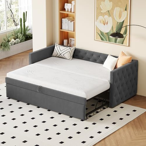 Zravenna Polsterbett Tagesbett 90x200 mit Ausziehbett und Lattenrost, Ausziehbett Gleiche Höhe, Schlafsofa Ausziehbar zum Doppelbett, Vollform mit Knöpfen,Gästebett, Samtstoff, Grau