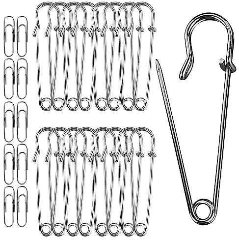 Set med 20 stora säkerhetsnålar, robusta 50 mm rostfritt stål säkerhetsnålar, starka säkerhetsnålar för filtar, med 30 28 mm metall gem
