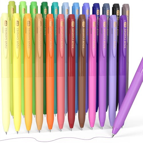 Four Candies Lot de 24 stylos de couleur à encre à séchage rapide, stylos à encre gel rétractables, pointe fine de 0,7 mm, stylos colorés pour prise de notes et dessin, stylos à gel colorés avec prise