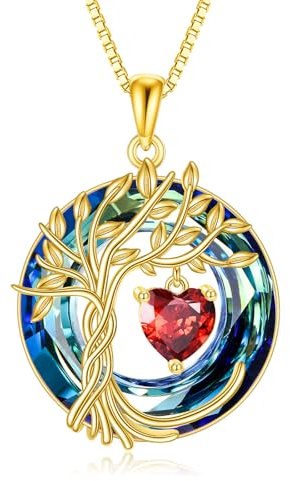Tree of Life Birthstone Necklace for Women 925 Sterling Silver Tree of Life Jewelry Garnet Pendant January Birthstone Gemstone with Crystal Anniversary Birthday Christmas Gifts for Mother Women