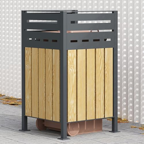 Youyijia Metall Mülltonnenzaun, Mülltonnendeckel für 60/120/240 L Mülltonnen, rostfrei und stabil, Mülltonnenverkleidung mit Sichtschutz, 80x150x85 cm für 1 Mülltonne, grau/Holzoptik Mülltonnenbox
