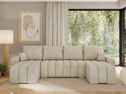 MKS MEBLE Sofa mit Schlaffunktion - Ecksofa mit Schlaffunktion und Bettkasten - Sofa 3 4 5 Sitzer - Schlafsofa - Couch - Schlafsofa mit Bettkasten - Kirasso U -Beige Velvet