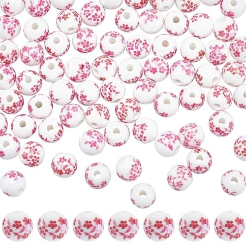 SUNNYCLUE 1 Box 80 Stück Rosa Blumen Keramikperlen Porzellanperlen 10mm Rund Groß Weiß Bedruckt Blüten/Pflanzenform Abstandshalter Blumenperlen Zur Schmuckherstellung Perlenarmbänder Bastelzubehör D