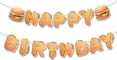 Happy Birthday Banner, Hamburger Geburtstagsdeko Girlande Girlande Partydekorationen Essens Snacks Thema Partyzubehör für Geburtstagsparty Dekoration für Mädchen Jungen und Erwachsene (Orange)