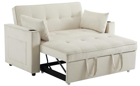 SOFTWEARY Schlafsofa mit Bettfunktion, 2-Sitzer mit Rückenkissen und Armlehnen, Samt Bezug, Polstersofa, Loungesofa (beige)