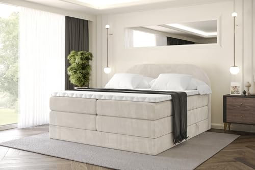ALTDECOR Boxspringbett mit Matratze und Lattenrost, Topper, Polsterbett mit Bettkasten, Bett mit Stauraum H3- und H4- Matratze, Doppelbett, Springboxbett -NOX KING-160x200 - Beige Casablanca