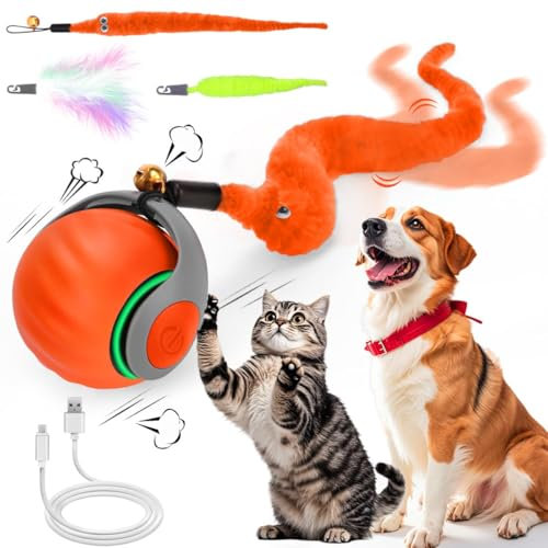 Interaktives Katzenball Spielzeug, Elektrisch Katzenspielzeug Ball interaktives Spielzeug mit Schwanz für Katzen Katzenspielzeug Selbstbeschäftigung,Über USB Wiederaufladbares(Short Tail) orange