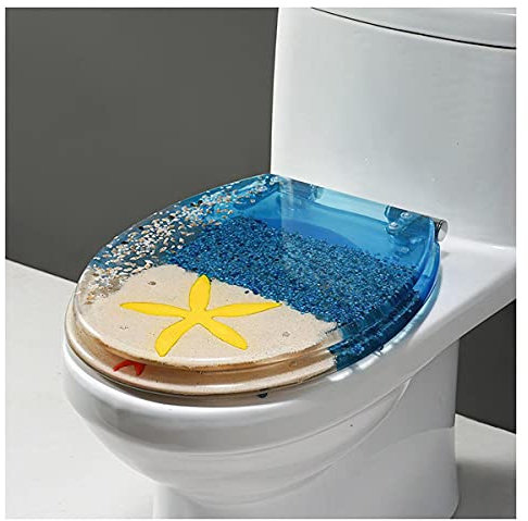 Ocean Series WC-Sitz aus Kunstharz, robust, langsam schließend, mit echten Muscheln und Sand, universelle Passform für WC-Sitze mit U/V/O-Typ