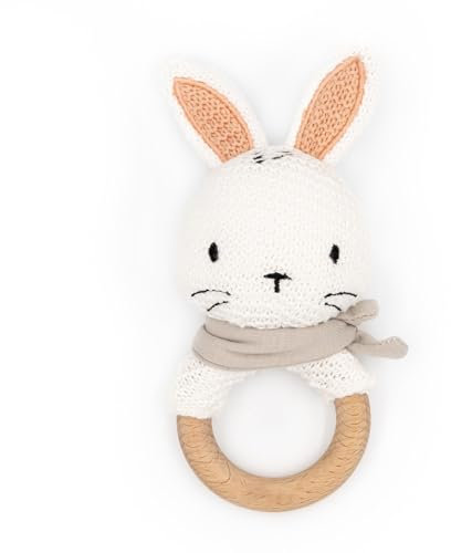 Greifling personalisiert mit Namen - Holz Beißring Baby gehäkelte Tiere - Babyrassel - Babygeschenke zur Geburt für Mädchen/Jungen - Baby Erstausstattung Neugeborene (Hase)