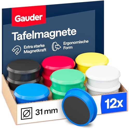 GAUDER Magnete für Magnettafel & Kühlschrank (31x10mm - 12 STK - bunt) | Starke, große Tafelmagnete aus Ferrit, Whiteboard- und Kühlschrankmagnete, runder Magnet mit Halt, für Büro, Schule, Haushalt