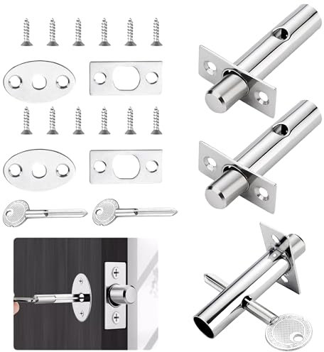 2 Pack Internal Door Lock Bolts, Stainless Steel Door Bolts with Keys, Security Anti-Theft Door Lock, Durable Waterproof Security Rack Bolt for Internal Doors Windows