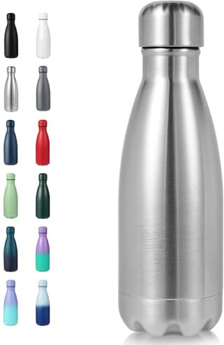 Volhoply 350ml/12oz Small Water Bottle Stainless Steel, BPA Free Insulated Water Bottles, Double Wall Cola Shape Flask, Keeps Cold 24 Hours and Hot 12 Hours for Kids Handbag (Silver)