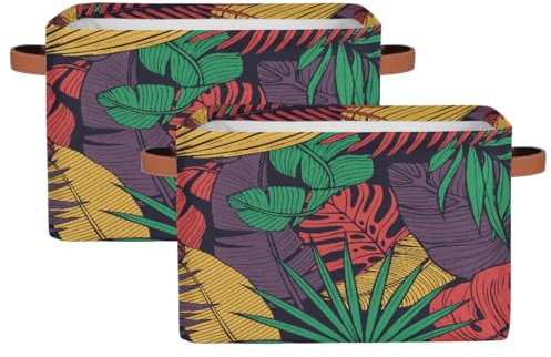 Lot de 2 grands paniers de rangement en tissu avec poignées, motif floral tropical vintage, feuilles de palmier, 38,1 x 27,9 cm, pour placard