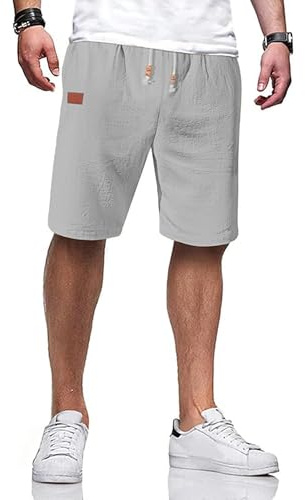 JESDM Short Homme Lin Coton avec Ceinture Élastique et Poches Fonctionnelles Gris Clair L