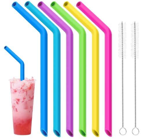 UIHRLM 6PCS Reusable Silicone Straws, Colorful Replacement Wide Straws with 2 Cleaning Brush, Easy Cleaning & Adjustable Length Flexible Bendy Drinking Straw for Thick Drinks, Smoothies, Bubble Tea