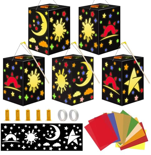 Ycaaeo 5 Stück Laternen Bastelset Kinder, Sankt Martin Laterne Basteln, St. Martin Laternenumzug, mit LED und Farbiges Bastelpapier, Geschenk Sankt Martin Laternenumzug für Jungen und Mädchen
