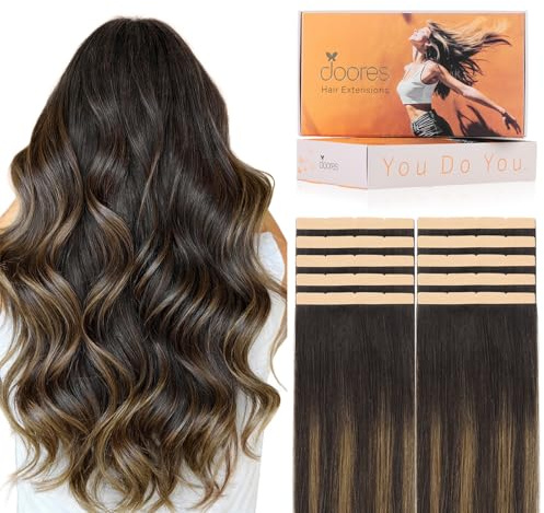 DOORES Wide Tape in Hair Extensions, 40cm/50g/10pc, Dunkelrun Gemisht Kstnienrun, 8cm Tape – innerhalb von 20 Minuten schnell zu Hause selbst anzubringen, Remy-Echthaar – langlebig & wiederverwendbar