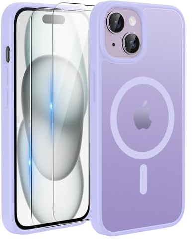 TQIAHF Magnetic Phone Case Cover for iPhone 15,Purple | with 2 Tempered Glass Screen Protector Compatible with MagSafe Military Grade Shockproof Protective Slim Translucent Matte