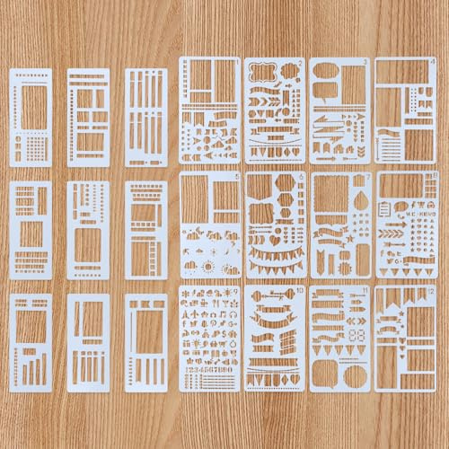 21 Stück Wiederverwendbare Bullet Journal Schablonen, Schablonen Malen mit Formen und Linien, Schablonenfolie für Tägliche Planung und Scrapbooking, Schablone für Notizbuch, Kalender und Planer